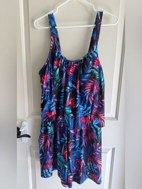 Tropical Floral Swim Romper - Vibrant Blue & Pink Leaf Print by Tempt Me 20W